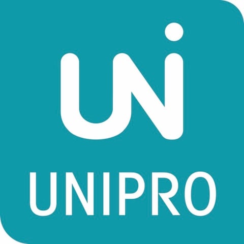 UNIPRO logo: white UN letters with dot on teal background